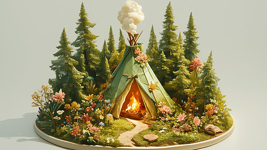 森林中一个绿色可爱的卡通小帐篷点燃着火把图片