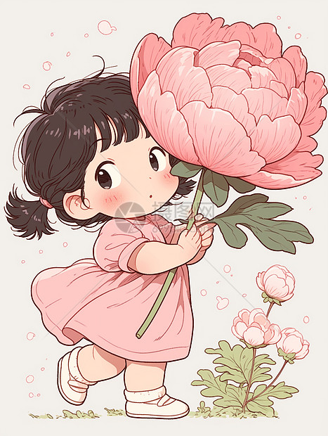 穿着裙子可爱的卡通小女孩扛着巨大的粉色花朵图片