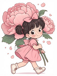 穿着粉色裙子可爱的卡通小女孩扛着粉色花朵图片
