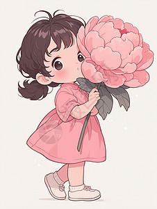 穿着连衣裙拿着大大的粉色牡丹花的可爱卡通小女孩图片