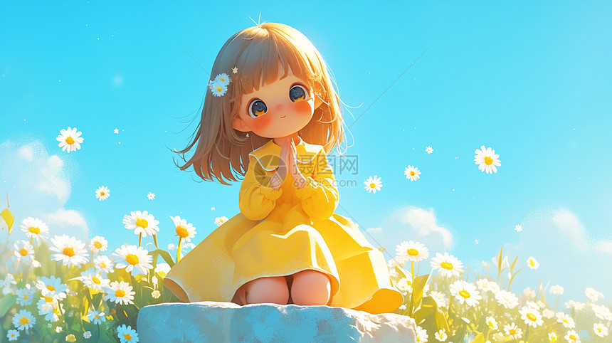 穿着黄色连衣裙的卡通小女孩坐在河边花丛中欣赏风景图片