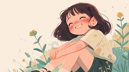 春天坐在花丛中开心笑的可爱小女孩图片