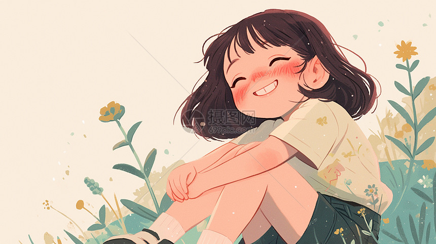 春天坐在花丛中开心笑的可爱小女孩图片