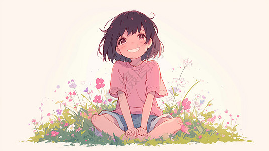 春天坐在花丛中开心笑的可爱卡通小女孩图片