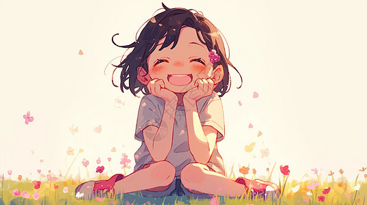 坐在花丛中开心笑的可爱卡通小女孩图片