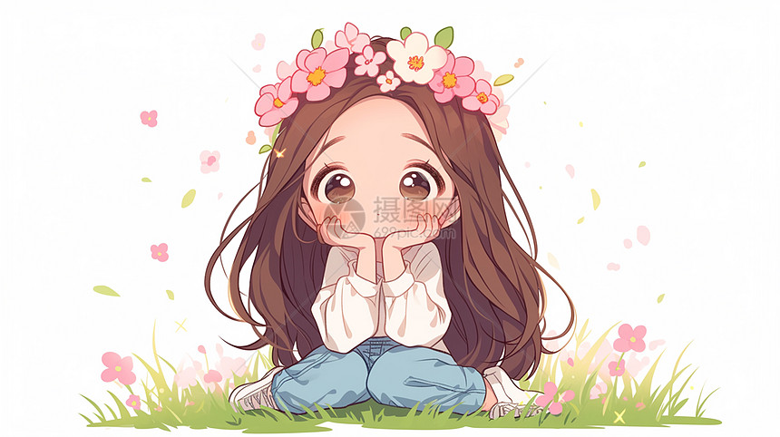 开心笑可爱的卡通女孩坐在花丛中图片