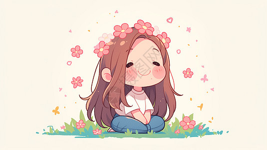 可爱的卡通女孩坐在花丛中图片