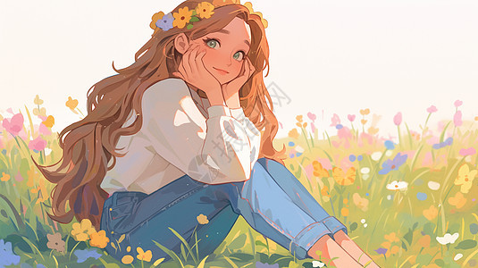 春天坐在花丛中小清新漂亮的卡通小女孩图片