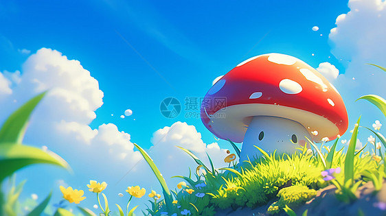 在绿色山坡上一个彩色卡通小蘑菇图片
