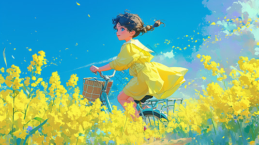 在油菜花园开心骑自行车的女孩图片