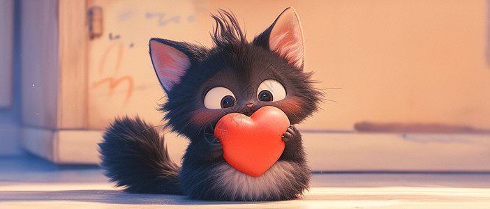 抱着红色爱心可爱的小黑猫高清图片
