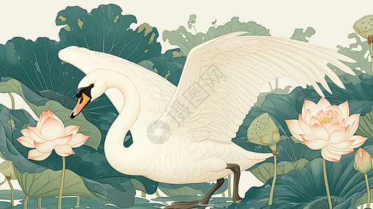 美丽的卡通白天鹅在荷塘中插画