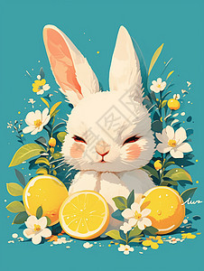 卡通白兔与水果橙子图片