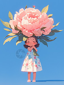 巨大的粉色牡丹花开心笑的可爱卡通小女孩图片
