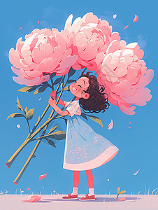 粉色牡丹花开心笑的可爱卡通小女孩图片