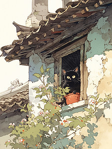 在古风窗台上一只可爱黑猫图片