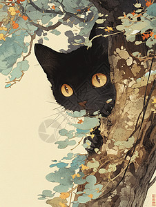 躲在树后面一只可爱的小黑猫图片