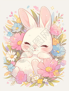 在花丛中一只可爱卡通小白兔在睡觉图片