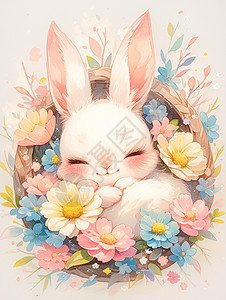一只萌萌的可爱卡通小白兔在睡觉图片