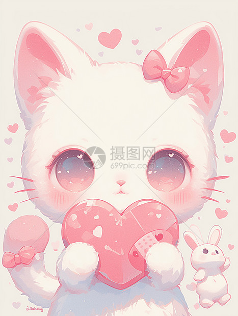 捧着粉色爱心的大眼睛卡通小猫图片