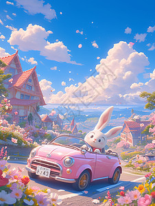 春天在小汽车上欣赏花朵美景的小白兔图片