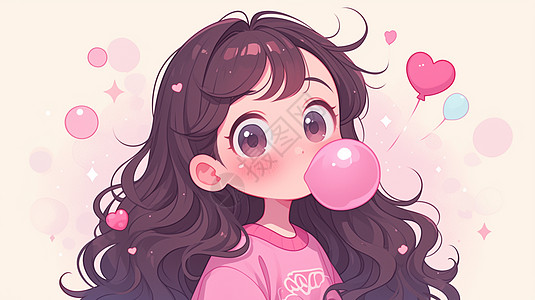 吹粉色泡泡糖的小女孩图片