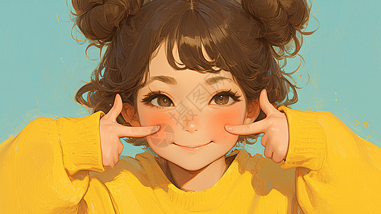 黄色上衣双手比耶的可爱卡通小女孩图片