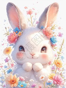 春天在开满花朵的白色可爱的卡通小白兔图片