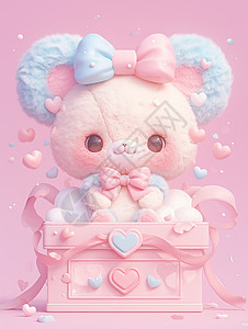 粉色背景礼物盒上一只可爱的卡通小熊图片
