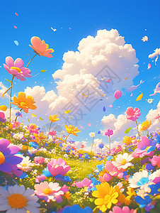 蓝天白云开满鲜花的草地唯美卡通风景图片