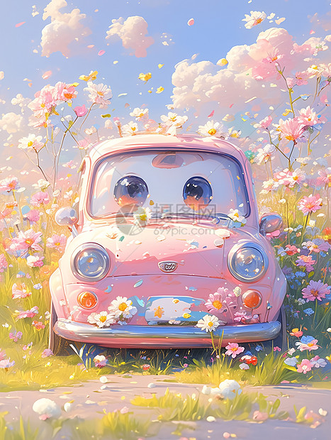 粉色可爱的卡通小汽车开在开满花朵的小路上图片
