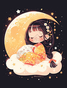 可爱的卡通小女孩抱着云朵在月亮旁睡觉图片