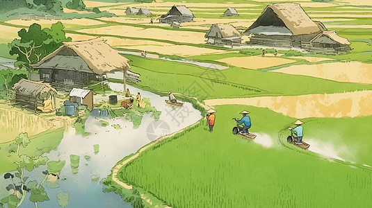 在村庄旁耕地农耕的卡通劳动人民图片