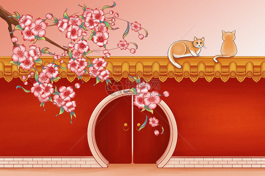 春季桃花树下红墙上的两只猫图片
