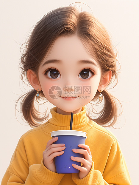 穿着黄色毛衣抱着蓝色插着吸管杯子的可爱卡通小女孩图片