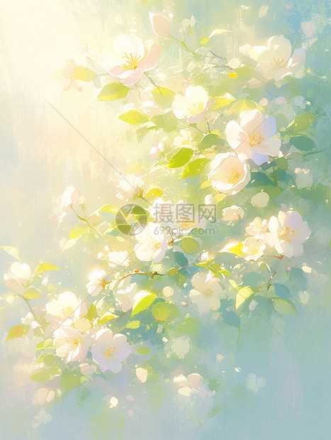 春天一枝梦幻唯美的盛开的白色小花图片