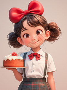 美丽红色蝴蝶结端着蛋糕的小女孩图片