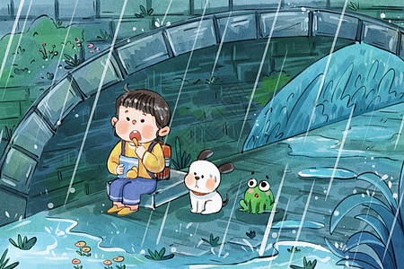 手绘水彩谷雨儿童和动物在桥洞底下场景插画图片