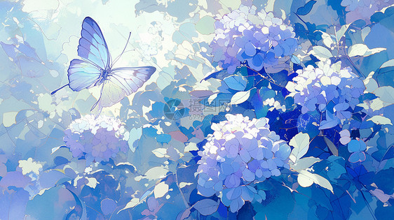 盛开花丛中一只飞舞美丽的卡通蝴蝶图片