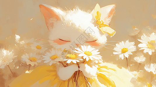 穿着公主裙的卡通小猫在花丛中图片