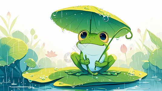 打着荷叶小伞的可爱卡通绿色青蛙高清图片