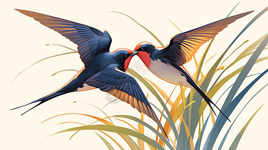 在草丛旁两只可爱的卡通小鸟飞舞图片