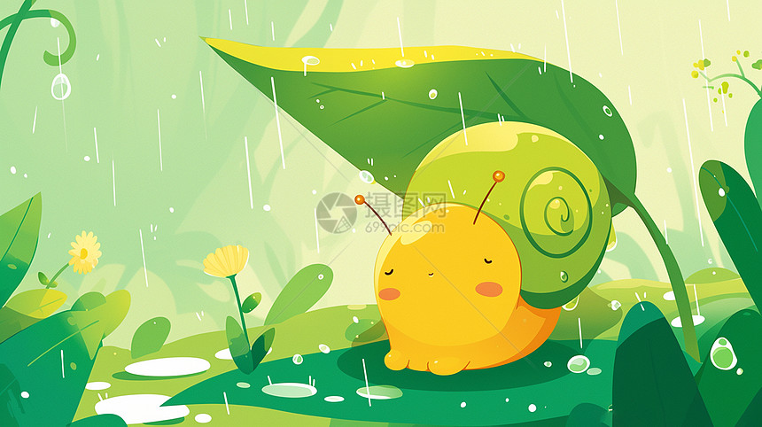 雨中一只可爱的卡通绿色小蜗牛图片