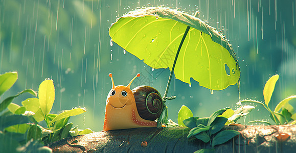 森林中可爱的卡通小蜗牛在雨中图片