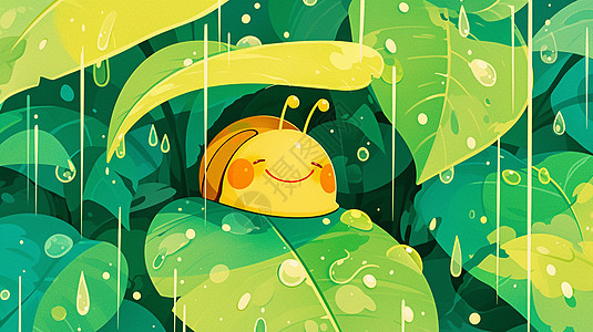 大雨中绿叶中的可爱卡通小蜗牛图片
