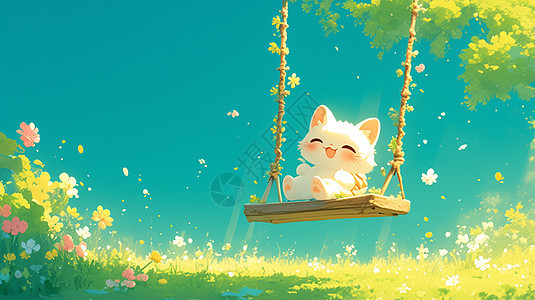 坐在秋千上可爱卡通小猫图片