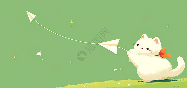 绿色背景的坐在草地上一只可爱的卡通小白猫图片
