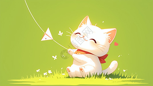 坐在草地上的小白猫图片