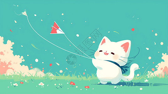 在草地上放风筝的一只可爱的小白猫图片