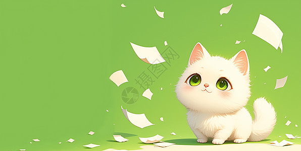 绿色眼睛萌萌可爱的卡通小白猫图片